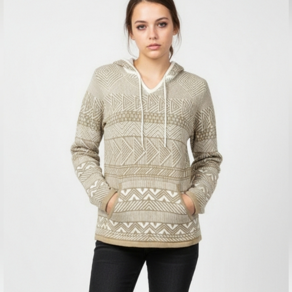 Belle Tan White Aztec Pullover Hooded Cotton Knit Sweater Size M